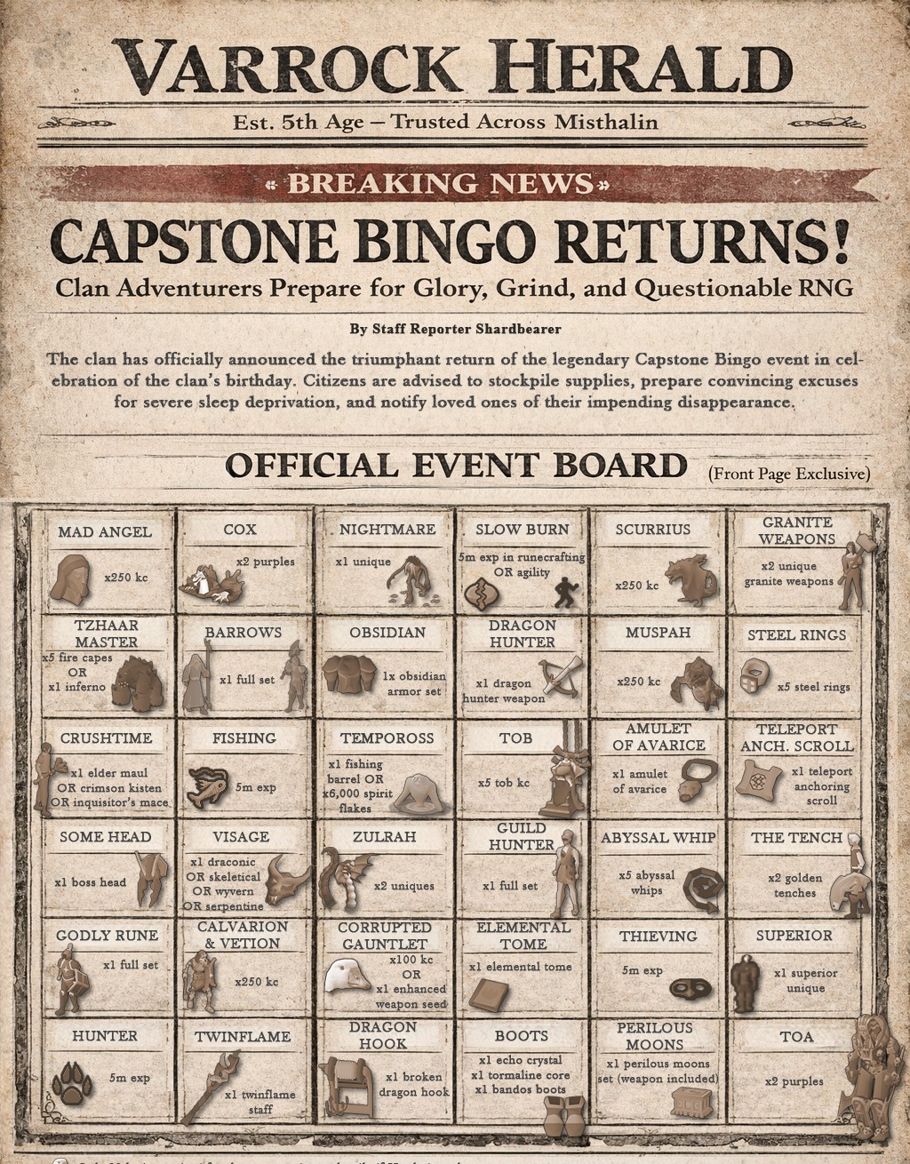Capstone Birthday Bingo board