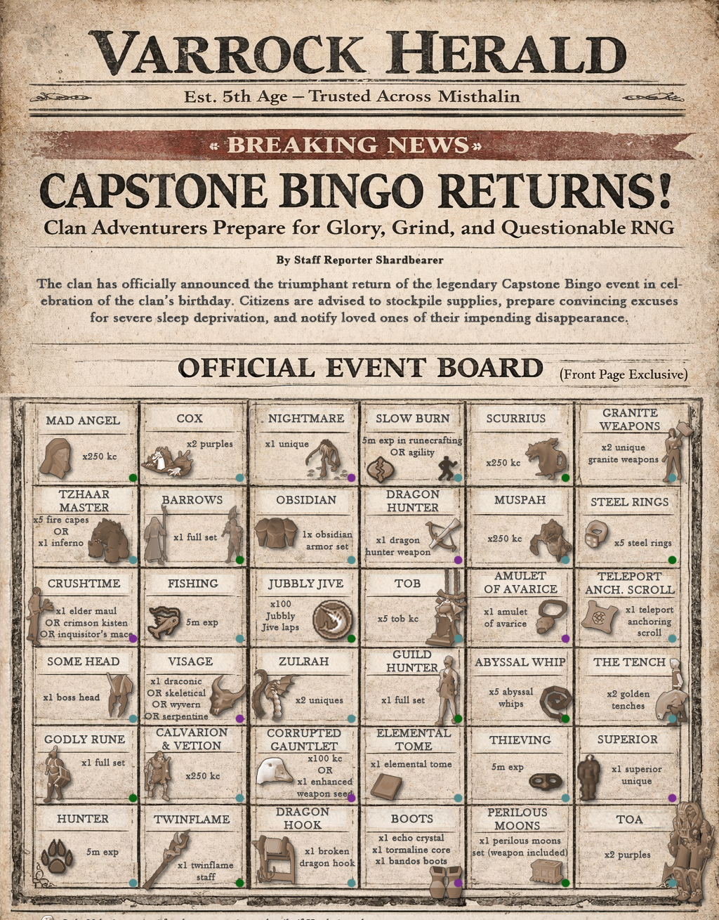 Capstone Birthday Bingo board